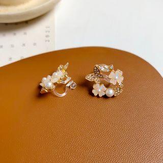 Sterling Silver Faux Pearl Flower Butterfly Stud Earring / Clip-on Earring