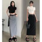 Short-sleeve Mock-neck Slim-fit Cropped Top / High-waist Midi Skirt