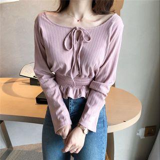 Long-sleeve Tie Neck Ruffled Knit Top