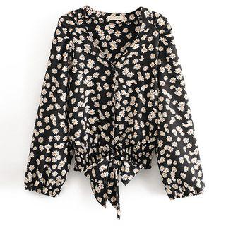 Long-sleeve Floral Print Tie-waist Shirt