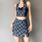 Set: Plaid Collared Cropped Halter Top + Mini Pencil Skirt