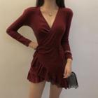 Deep V-neck Long-sleeve Ruffle-trim Mini Sheath Dress