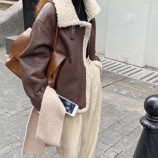 Long-sleeve Faux Fur Faux Leather Coat