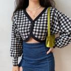Long-sleeve Lantern-sleeve V-neck Plaid Knit Top Black & White - One Size