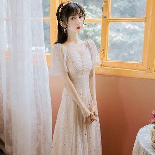 Short-sleeve Sequined Midi A-line Dress