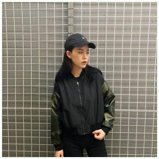 Camouflage Faux Leather Sleeve Zip Jacket