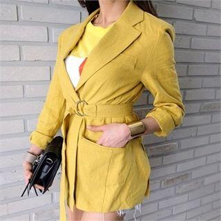 Linen Padded-shoulder Jacket With Sash