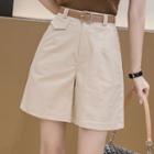 High-waist Plain Cotton Linen Wide-leg Shorts