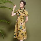 Short-sleeve Butterfly Print Midi Qipao Dress