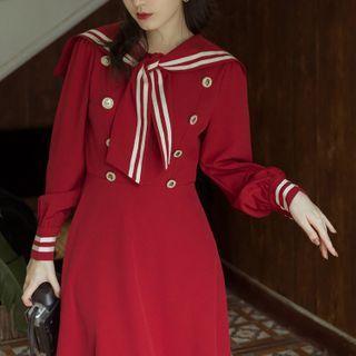 Long-sleeve Sailor-collar Double Breasted Midi Dress