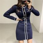 Long-sleeve Contrast Trim Button-up Knit Mini Dress