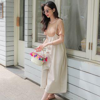 Set: Spaghetti-strap Wide-leg Jumpsuit + T-shirt