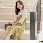 3/4 Sleeve Lace Trim Striped Shift Dress
