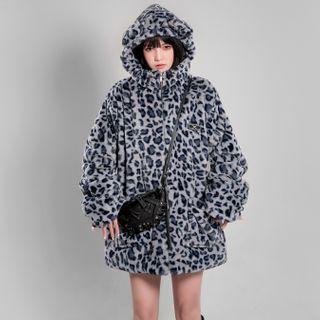 Leopard Print Furry Zip Hoodie Blue - One Size