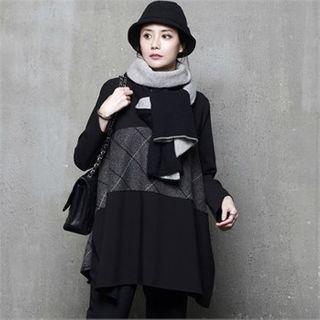 Checked-panel Slit-side Long T-shirt