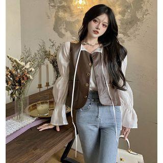 Puff-sleeve Blouse / Single-breasted Faux Leather Vest