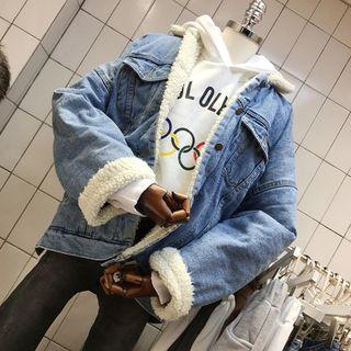 Fleece-lined Buttoned Denim Jacket Blue - One Size