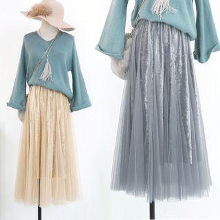 Faux Pearl Mesh Velvet Pleated Skirt