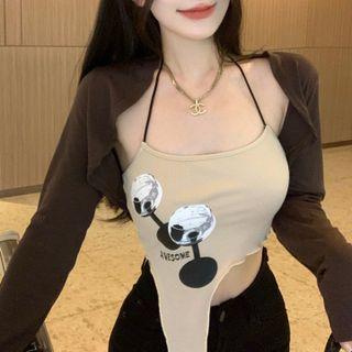 Set : Cardigan + Asymmetrical Suspender Set Of 2 - Cardigan + Suspender - Brown & Coffee - One Size
