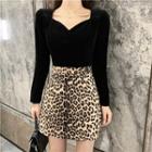 Long-sleeve Velvet Top / Leopard-print Mini A-line Skirt