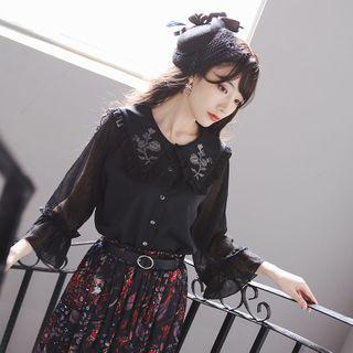 Embroidered Collar Panel Long-sleeve Blouse