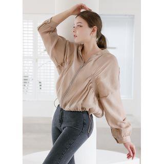 Smocked-trim Zip-up Jacket