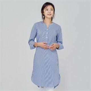 Half-placket Tie-waist Pinstriped Dress