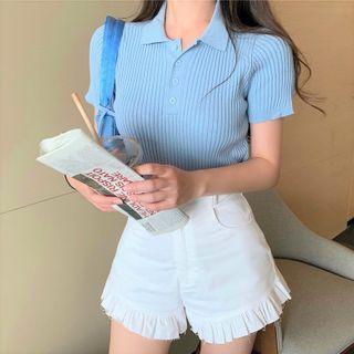Short-sleeve Knit Polo Shirt / Frill Trim Shorts