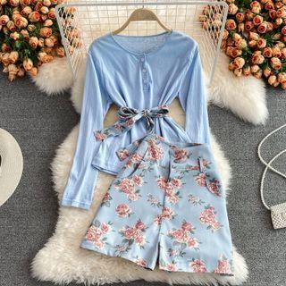 Set: Long Sleeve T-shirt + High Waist Floral Print Shorts