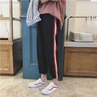 Contrast Stripe Gather Cuff Cropped Pants