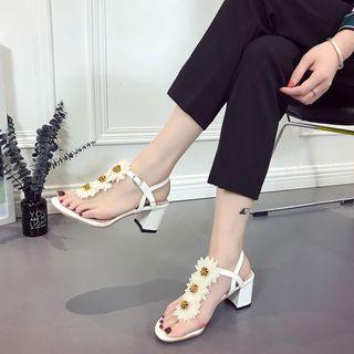 Faux-leather Flower Chunky-heel Sandals