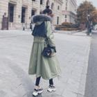 Color Panel Shearling-collar Hooded Cargo Maxi Jacket