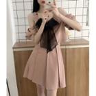 Set : Bow Waist Puff-sleeve Top + Mini Skirt