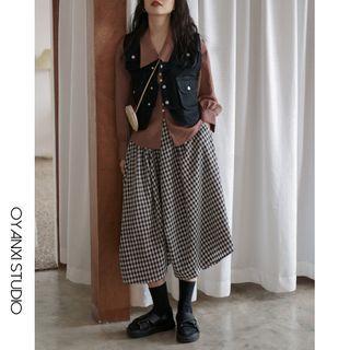 Band-waist Gingham Irregular Midi A-line Skirt