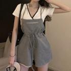 Short-sleeve Hooded Top / Spaghetti Strap Plain Romper