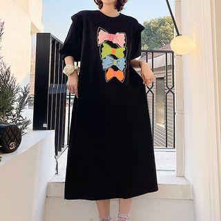 Puff-sleeve Bow Print Midi T-shirt Dress