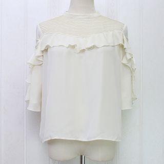 3/4 Sleeve Striped Panel Ruffled Blouse