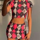 Set: Short-sleeve Graphic Argyle Print Crop Top + Mini Fitted Skirt