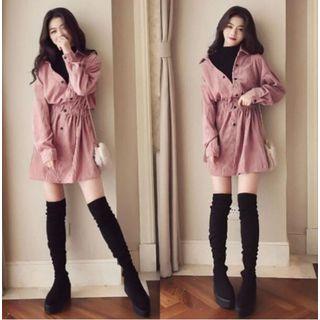 Gathered Waist Mock Two-piece Corduroy Shirtdress