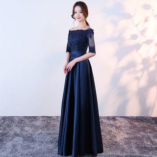 Off-shoulder Elbow-sleeve A-line Evening Gown