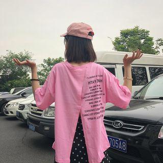 Lettering Elbow-sleeve Slit-back T-shirt