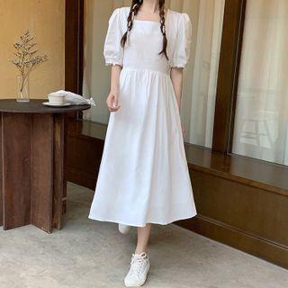 Puff-sleeve Midi A-line Dress / Blouse With Crossbody Bag