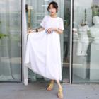 Drawstring-waist Eyelet-lace Long Dress White - One Size