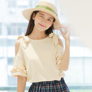 Elbow-sleeve Cold Shoulder Ribbon T-shirt