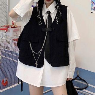 Elbow-cutout Shirt / Buckled Utility Vest / Neck Tie / Chain / Set