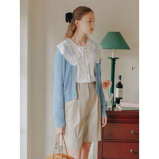 V-neck Net-knit Cardigan Light Blue - One Size