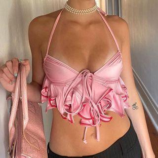 Halter-neck Tie-front Ruffled Crop Camisole Top Pink - One Size