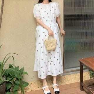 Puff-sleeve Midi A-line Dress / Floral Print Maxi A-line Overall Dress
