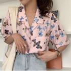 Elbow-sleeve Butterfly Print Shirt Shirt - Butterfly - One Size