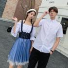 Couple Matching Short-sleeve Shirt / 3/4-sleeve Frill Trim Top / Mesh Suspender Skirt / Set